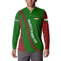 Tajikistan Green Lion Button Sweatshirt with Red Folk Pattern with Majestic Script