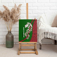 Tajikistan Green Lion Canvas Wall Art with Red Folk Pattern with Majestic Script