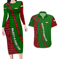 Tajikistan Green Lion Couples Matching Long Sleeve Bodycon Dress and Hawaiian Shirt with Red Folk Pattern with Majestic Script