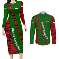 Tajikistan Green Lion Couples Matching Long Sleeve Bodycon Dress and Long Sleeve Button Shirt with Red Folk Pattern with Majestic Script