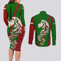 Tajikistan Green Lion Couples Matching Long Sleeve Bodycon Dress and Long Sleeve Button Shirt with Red Folk Pattern with Majestic Script
