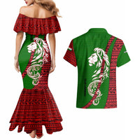 Tajikistan Green Lion Couples Matching Mermaid Dress and Hawaiian Shirt with Red Folk Pattern with Majestic Script
