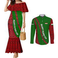 Tajikistan Green Lion Couples Matching Mermaid Dress and Long Sleeve Button Shirt with Red Folk Pattern with Majestic Script
