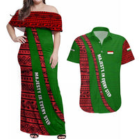 Tajikistan Green Lion Couples Matching Off Shoulder Maxi Dress and Hawaiian Shirt with Red Folk Pattern with Majestic Script