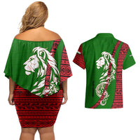 Tajikistan Green Lion Couples Matching Off Shoulder Short Dress and Hawaiian Shirt with Red Folk Pattern with Majestic Script