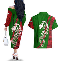 Tajikistan Green Lion Couples Matching Off The Shoulder Long Sleeve Dress and Hawaiian Shirt with Red Folk Pattern with Majestic Script
