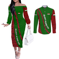 Tajikistan Green Lion Couples Matching Off The Shoulder Long Sleeve Dress and Long Sleeve Button Shirt with Red Folk Pattern with Majestic Script