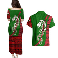 Tajikistan Green Lion Couples Matching Puletasi and Hawaiian Shirt with Red Folk Pattern with Majestic Script