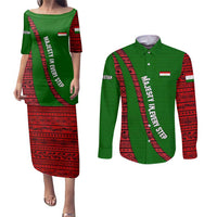 Tajikistan Green Lion Couples Matching Puletasi and Long Sleeve Button Shirt with Red Folk Pattern with Majestic Script