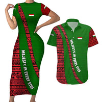 Tajikistan Green Lion Couples Matching Short Sleeve Bodycon Dress and Hawaiian Shirt with Red Folk Pattern with Majestic Script