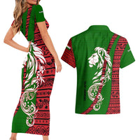 Tajikistan Green Lion Couples Matching Short Sleeve Bodycon Dress and Hawaiian Shirt with Red Folk Pattern with Majestic Script