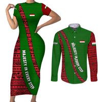 Tajikistan Green Lion Couples Matching Short Sleeve Bodycon Dress and Long Sleeve Button Shirt with Red Folk Pattern with Majestic Script