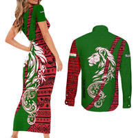 Tajikistan Green Lion Couples Matching Short Sleeve Bodycon Dress and Long Sleeve Button Shirt with Red Folk Pattern with Majestic Script
