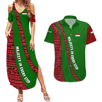 Tajikistan Green Lion Couples Matching Summer Maxi Dress and Hawaiian Shirt with Red Folk Pattern with Majestic Script