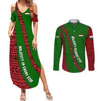 Tajikistan Green Lion Couples Matching Summer Maxi Dress and Long Sleeve Button Shirt with Red Folk Pattern with Majestic Script