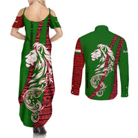 Tajikistan Green Lion Couples Matching Summer Maxi Dress and Long Sleeve Button Shirt with Red Folk Pattern with Majestic Script