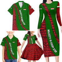 Tajikistan Green Lion Family Matching Long Sleeve Bodycon Dress and Hawaiian Shirt with Red Folk Pattern with Majestic Script