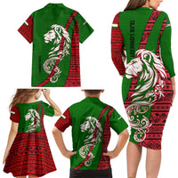 Tajikistan Green Lion Family Matching Long Sleeve Bodycon Dress and Hawaiian Shirt with Red Folk Pattern with Majestic Script