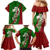 Tajikistan Green Lion Family Matching Mermaid Dress and Hawaiian Shirt with Red Folk Pattern with Majestic Script