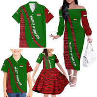 Tajikistan Green Lion Family Matching Off The Shoulder Long Sleeve Dress and Hawaiian Shirt with Red Folk Pattern with Majestic Script