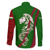 Tajikistan Green Lion Family Matching Off Shoulder Short Dress and Hawaiian Shirt with Red Folk Pattern with Majestic Script