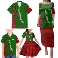 Tajikistan Green Lion Family Matching Puletasi and Hawaiian Shirt with Red Folk Pattern with Majestic Script