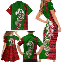 Tajikistan Green Lion Family Matching Short Sleeve Bodycon Dress and Hawaiian Shirt with Red Folk Pattern with Majestic Script