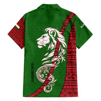 Tajikistan Green Lion Family Matching Short Sleeve Bodycon Dress and Hawaiian Shirt with Red Folk Pattern with Majestic Script