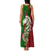 Tajikistan Green Lion Family Matching Tank Maxi Dress and Hawaiian Shirt with Red Folk Pattern with Majestic Script