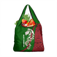Tajikistan Green Lion Grocery Bag with Red Folk Pattern with Majestic Script