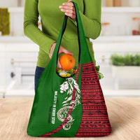 Tajikistan Green Lion Grocery Bag with Red Folk Pattern with Majestic Script