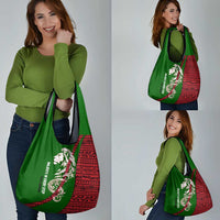 Tajikistan Green Lion Grocery Bag with Red Folk Pattern with Majestic Script