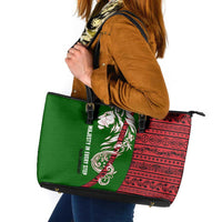 Tajikistan Green Lion Leather Tote Bag with Red Folk Pattern with Majestic Script