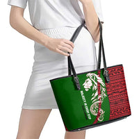 Tajikistan Green Lion Leather Tote Bag with Red Folk Pattern with Majestic Script