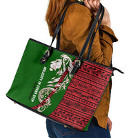 Tajikistan Green Lion Leather Tote Bag with Red Folk Pattern with Majestic Script