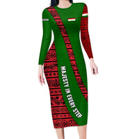Tajikistan Green Lion Long Sleeve Bodycon Dress with Red Folk Pattern with Majestic Script