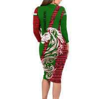 Tajikistan Green Lion Long Sleeve Bodycon Dress with Red Folk Pattern with Majestic Script