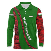 Tajikistan Green Lion Long Sleeve Polo Shirt with Red Folk Pattern with Majestic Script
