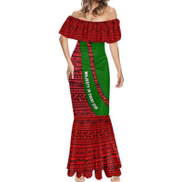 Tajikistan Green Lion Mermaid Dress with Red Folk Pattern with Majestic Script