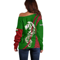 Tajikistan Green Lion Off Shoulder Sweater with Red Folk Pattern with Majestic Script