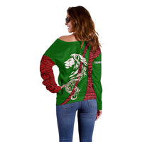 Tajikistan Green Lion Off Shoulder Sweater with Red Folk Pattern with Majestic Script