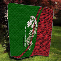 Tajikistan Green Lion Quilt with Red Folk Pattern with Majestic Script