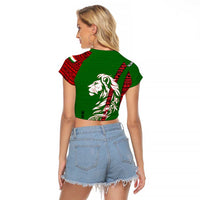 Tajikistan Green Lion Raglan Cropped T Shirt with Red Folk Pattern with Majestic Script