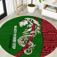 Tajikistan Green Lion Round Carpet with Red Folk Pattern with Majestic Script