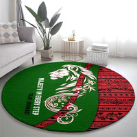 Tajikistan Green Lion Round Carpet with Red Folk Pattern with Majestic Script