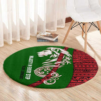 Tajikistan Green Lion Round Carpet with Red Folk Pattern with Majestic Script