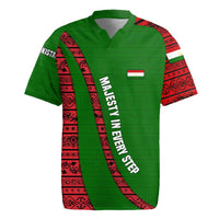 Tajikistan Green Lion Rugby Jersey with Red Folk Pattern with Majestic Script