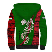 Tajikistan Green Lion Sherpa Hoodie with Red Folk Pattern with Majestic Script