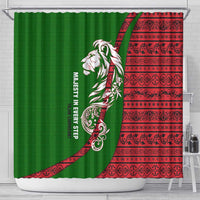 Tajikistan Green Lion Shower Curtain with Red Folk Pattern with Majestic Script