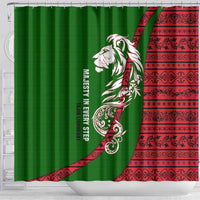 Tajikistan Green Lion Shower Curtain with Red Folk Pattern with Majestic Script